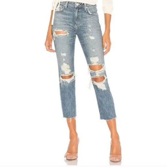 Lovers + Friends Logan High Rise Tapered Ainsley Wash Distressed Jeans Size 26 - Picture 1 of 11